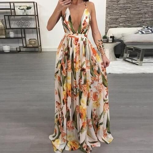 European and American deep V - neck back chiffon dress - Amazitshop