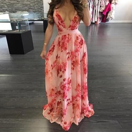 European and American deep V - neck back chiffon dress - Amazitshop