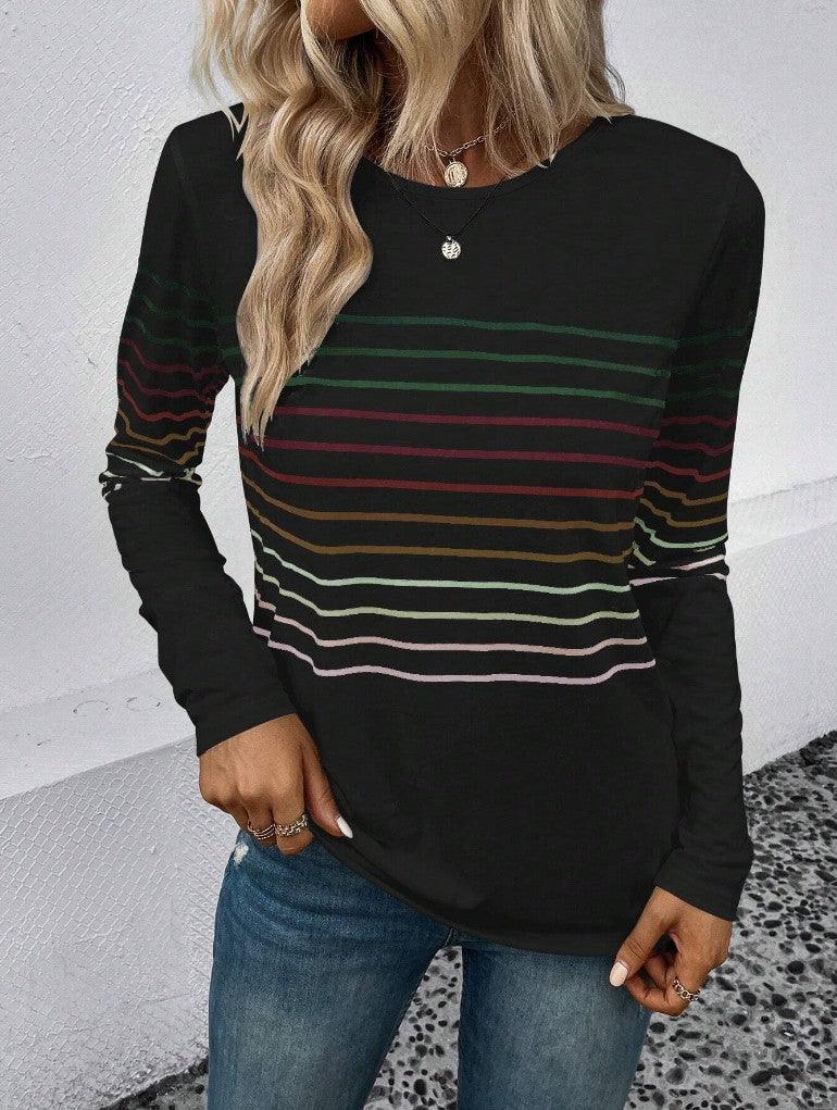 European And American Fashion Striped Printed Round Neck Long Sleeve Women - Amazitshop