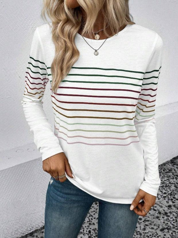 European And American Fashion Striped Printed Round Neck Long Sleeve Women - Amazitshop