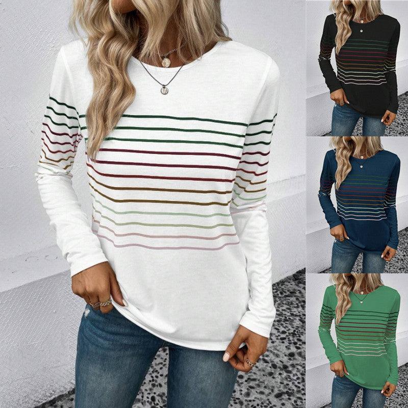 European And American Fashion Striped Printed Round Neck Long Sleeve Women - Amazitshop