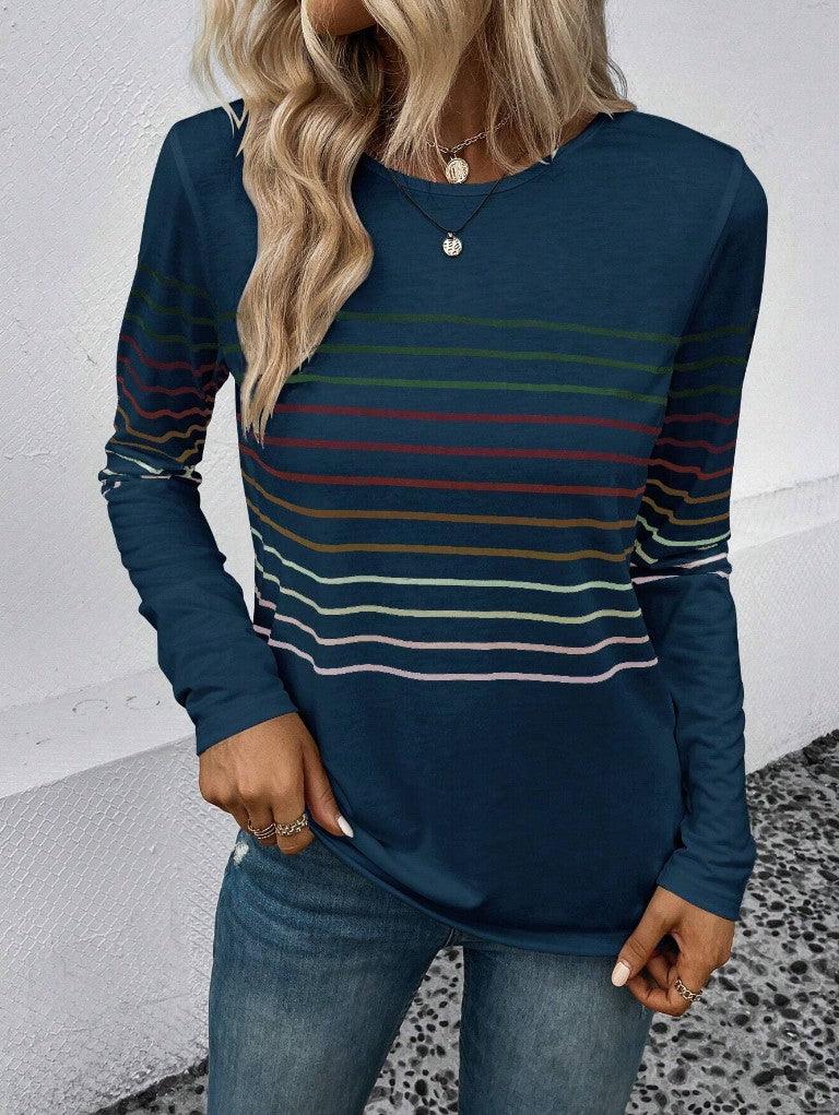 European And American Fashion Striped Printed Round Neck Long Sleeve Women - Amazitshop