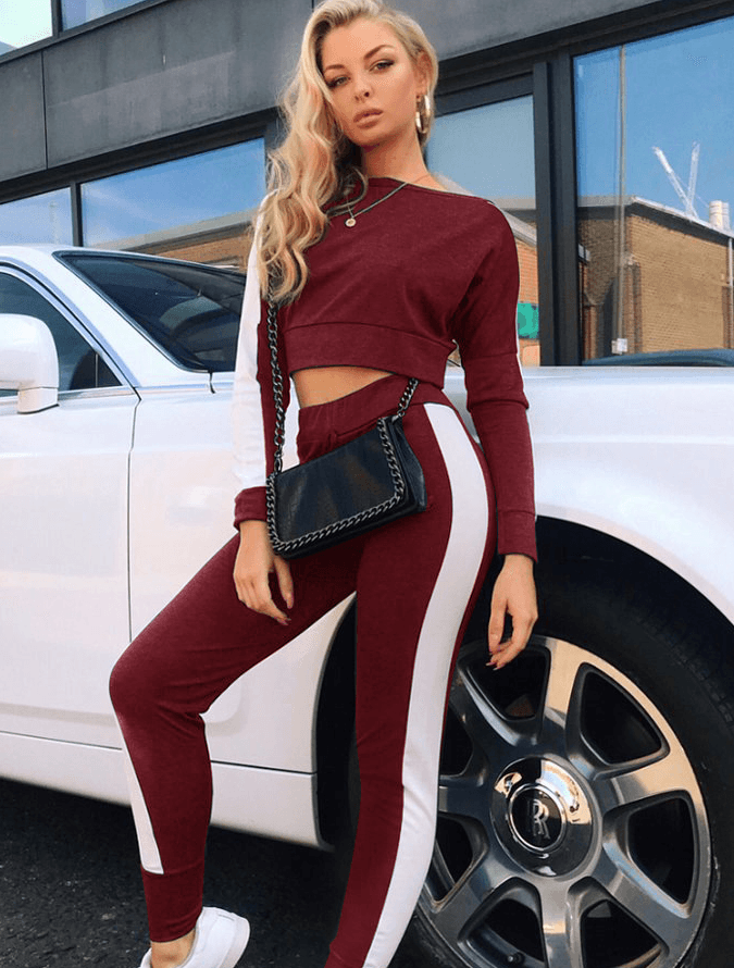 European and American fashion women's casual sexy stitching sports suit two sets of sweater - Amazitshop