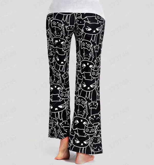 European And American Hot Digital Printing Cartoon Cat Pattern Bell - bottoms Wide Leg Pants For Women - Amazitshop