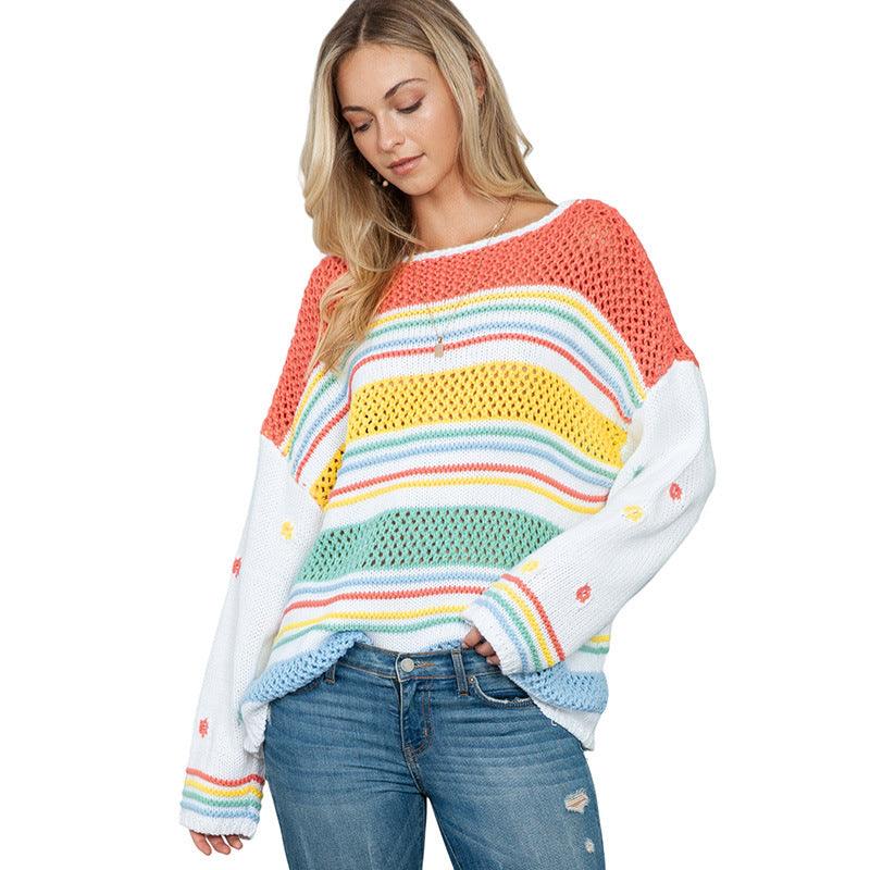 European And American Leisure Idle Style Colorized Sweater Women's Mixed Color Stripe Pullover Women - Amazitshop