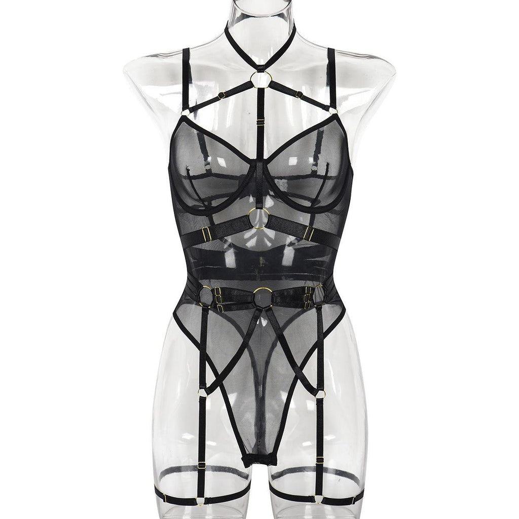 European And American Leopard Print Sheer Mesh Strap Sexy Lingerie With Steel Ring - Amazitshop