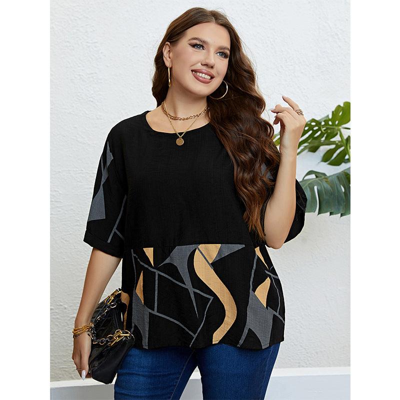 European And American Round Neck Art Printed Top Loose Casual - Amazitshop