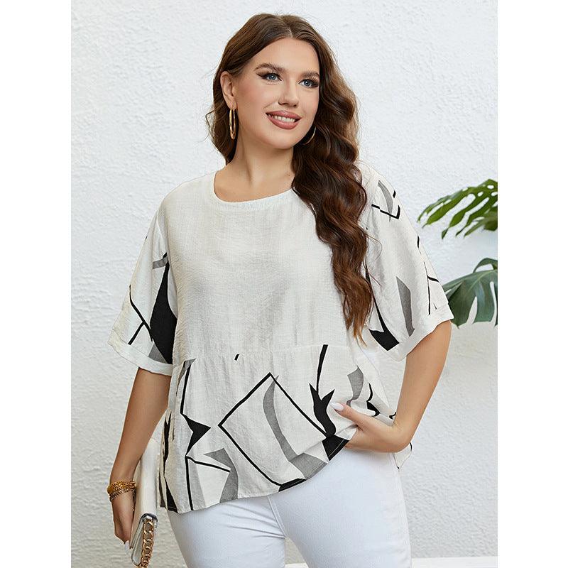 European And American Round Neck Art Printed Top Loose Casual - Amazitshop