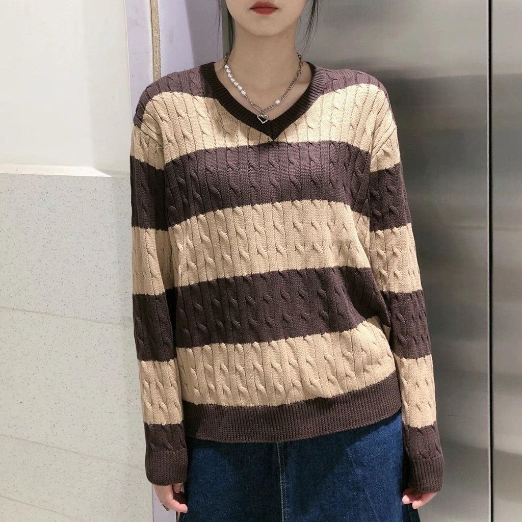 European And American Striped Cable - knit Sweater V - neck Loose Sweater For Women - Amazitshop