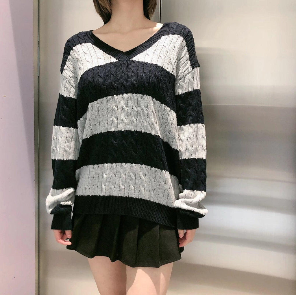 European And American Striped Cable - knit Sweater V - neck Loose Sweater For Women - Amazitshop