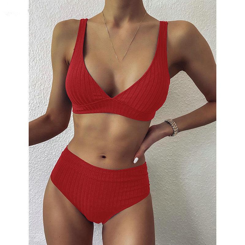 European And American Swimwear Women'S Ribbed High - Waisted V - Neck Striped Sports Solid Color Bikini Suit - Amazitshop