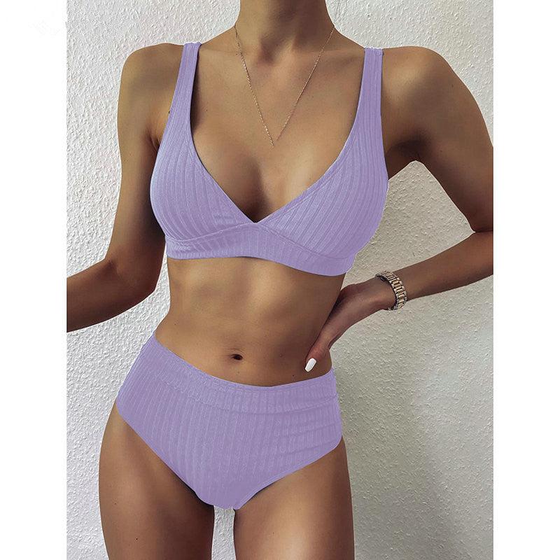 European And American Swimwear Women'S Ribbed High - Waisted V - Neck Striped Sports Solid Color Bikini Suit - Amazitshop