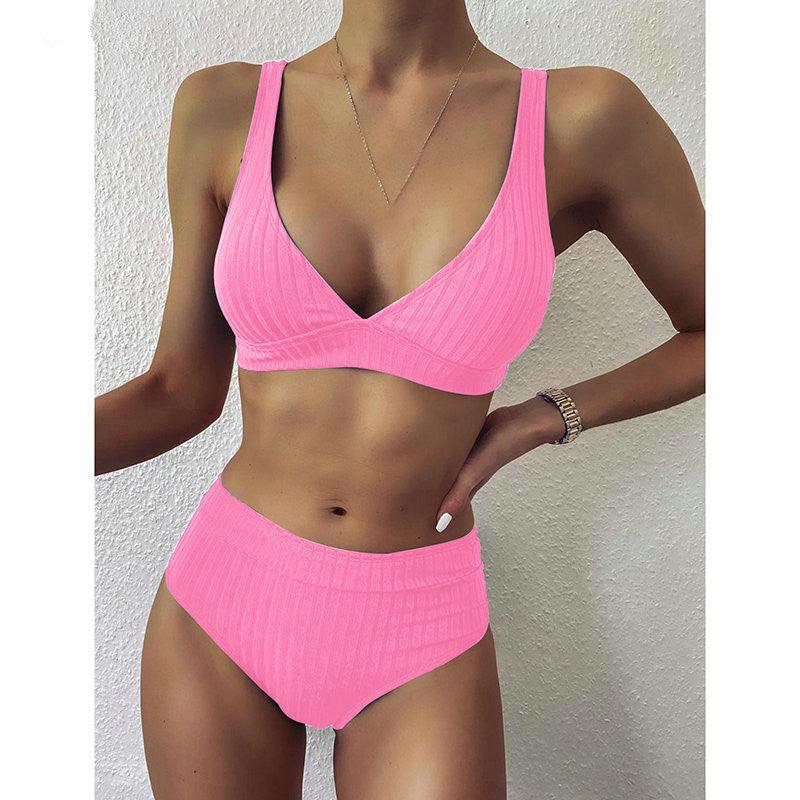 European And American Swimwear Women'S Ribbed High - Waisted V - Neck Striped Sports Solid Color Bikini Suit - Amazitshop