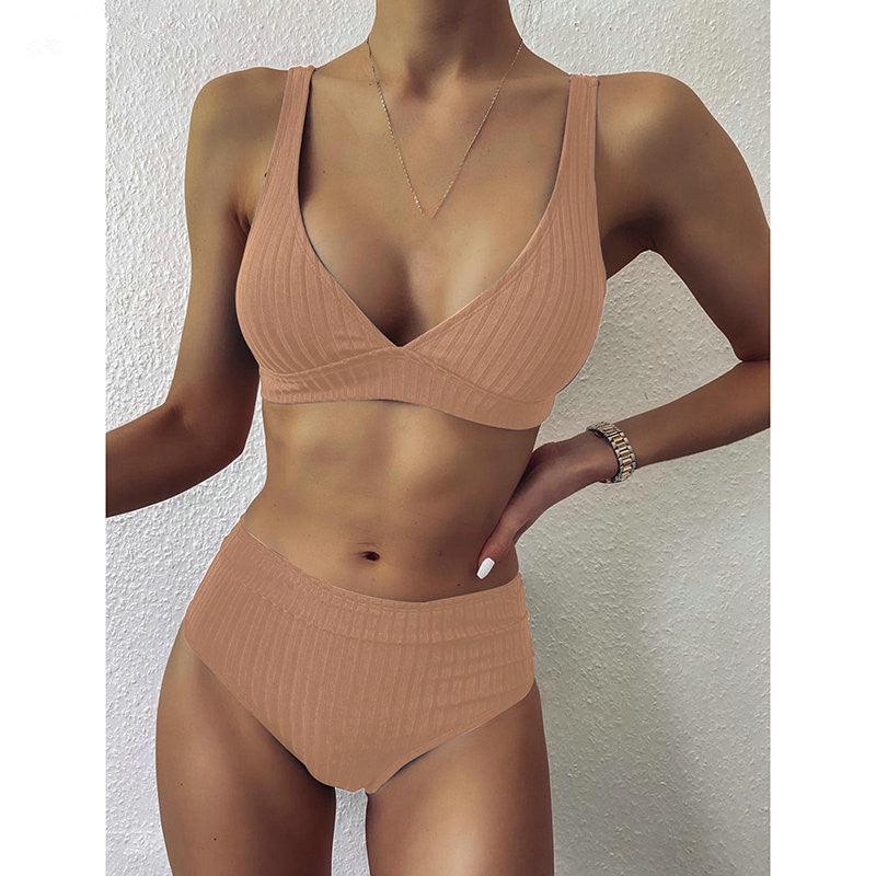 European And American Swimwear Women'S Ribbed High - Waisted V - Neck Striped Sports Solid Color Bikini Suit - Amazitshop