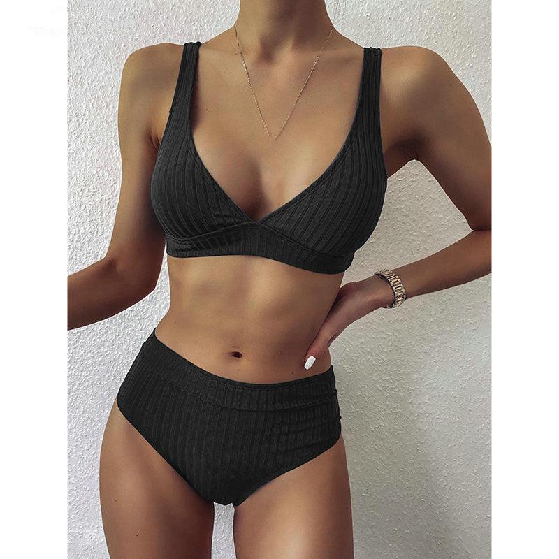 European And American Swimwear Women'S Ribbed High - Waisted V - Neck Striped Sports Solid Color Bikini Suit - Amazitshop