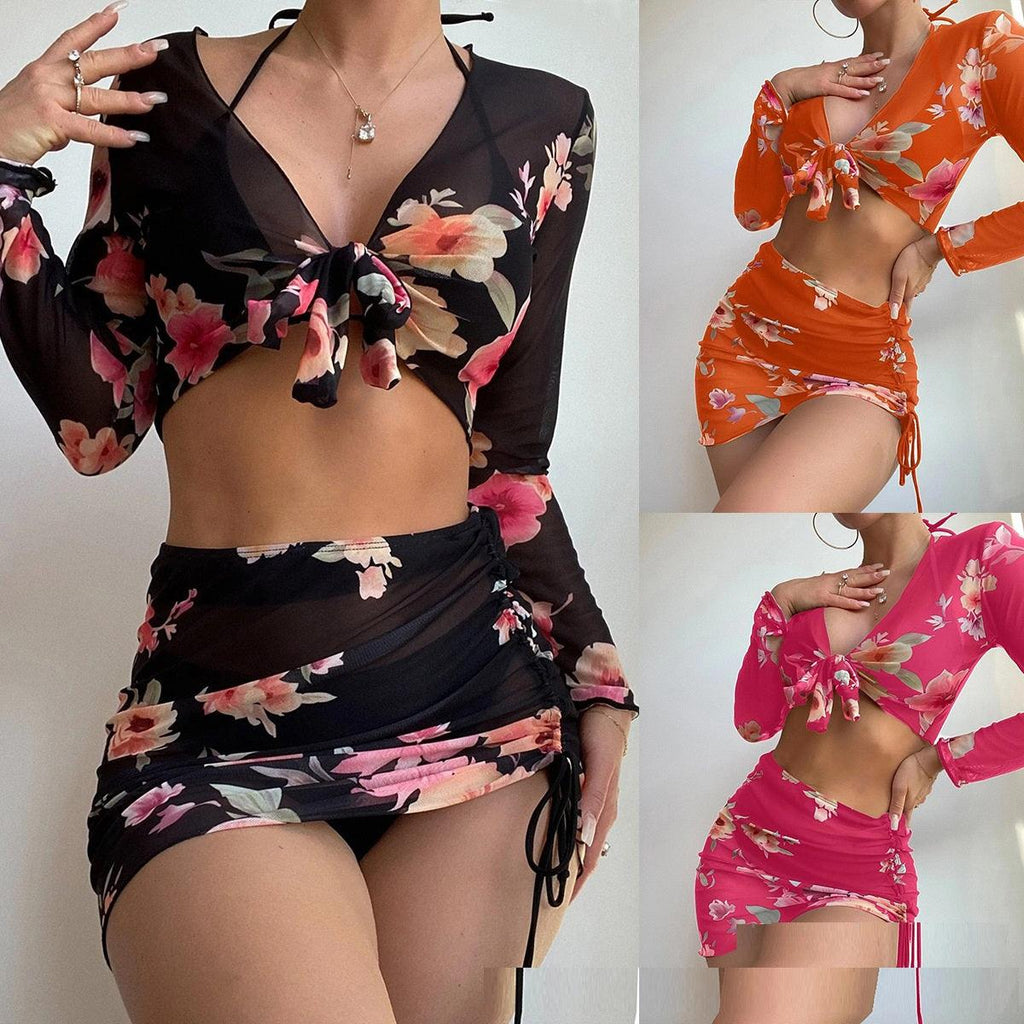 European And American Swimwear Women's Split Printed Drawstring Lace Long Sleeve Ins Internet Hot Suit - Amazitshop