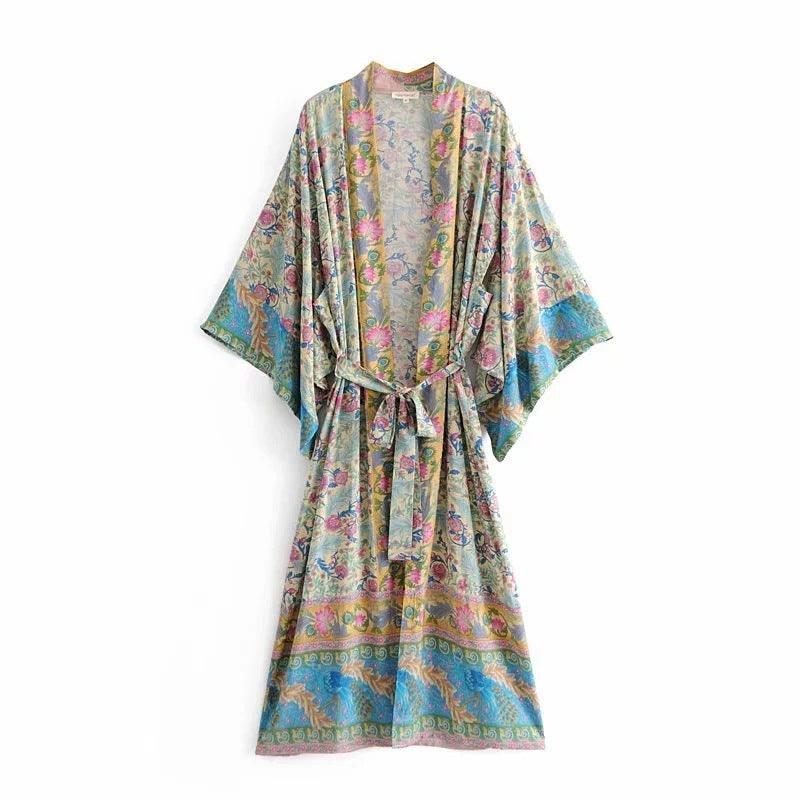 European and American women's long kimono printed bat sleeve style cardigan women Bohemian holiday dress - Amazitshop