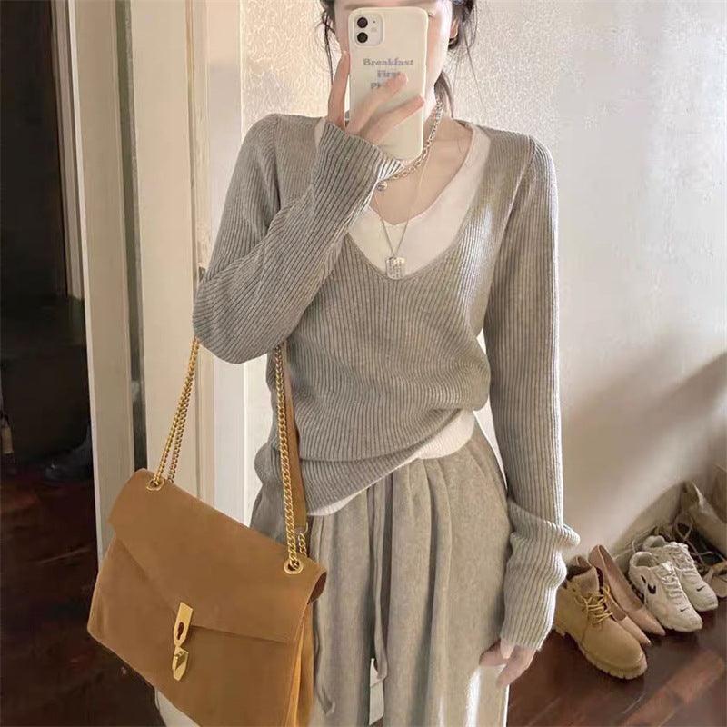 Fake Two - piece V - neck Knitted Bottoming Shirt Top - Amazitshop