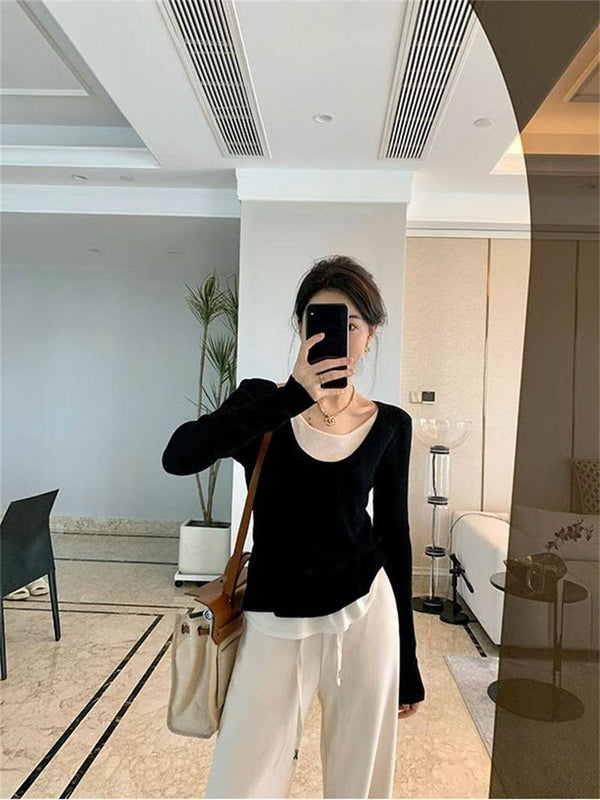 Fake Two - piece V - neck Knitted Bottoming Shirt Top - Amazitshop