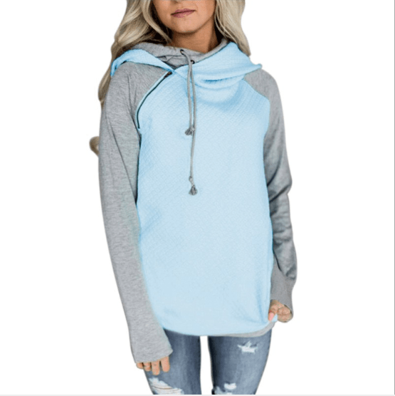 Fall / Winter Hot Sale Foreign Trade Oblique Zipper Double Cap Splicing Hoodie Sweater Plaid Coat 0591 - Amazitshop