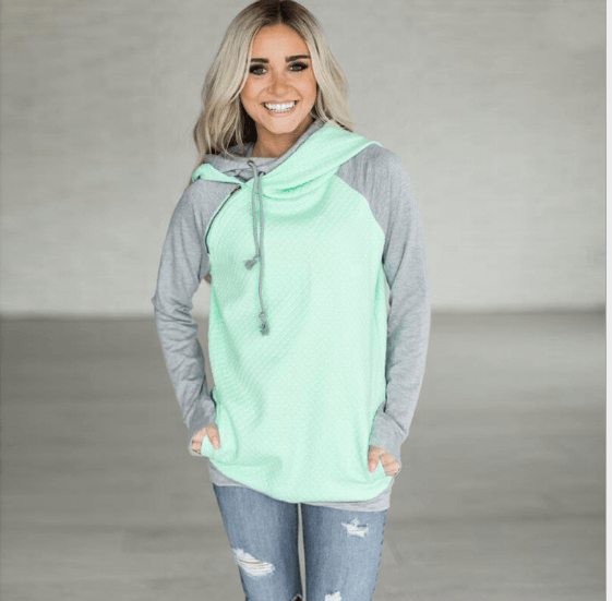 Fall / Winter Hot Sale Foreign Trade Oblique Zipper Double Cap Splicing Hoodie Sweater Plaid Coat 0591 - Amazitshop