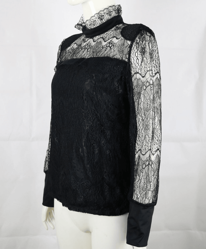Fashion Casual Women's Ladies Blouses Long Sleeves Sheer Tops Floral Lace Blouse Shirt Top Blouse Black Clothing Turtleneck - Amazitshop