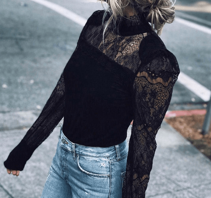 Fashion Casual Women's Ladies Blouses Long Sleeves Sheer Tops Floral Lace Blouse Shirt Top Blouse Black Clothing Turtleneck - Amazitshop