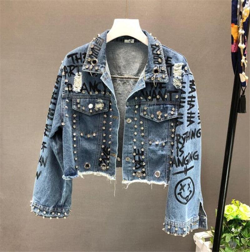 Fashion Diamond Beads Graffiti Printed Design Short Denim Jacket Coat Casual Women Cowboy Jeans Coats Outerwear - Amazitshop