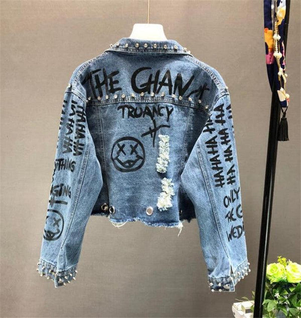 Fashion Diamond Beads Graffiti Printed Design Short Denim Jacket Coat Casual Women Cowboy Jeans Coats Outerwear - Amazitshop