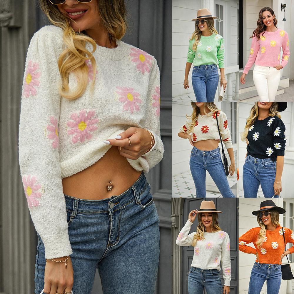 Fashion Floral Print Knit Sweater Round Neck Pullover Tops Women - Amazitshop