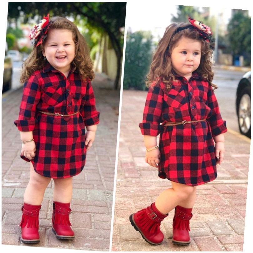 Fashion Girls Long Red Plaid Dress With Belt - Amazitshop