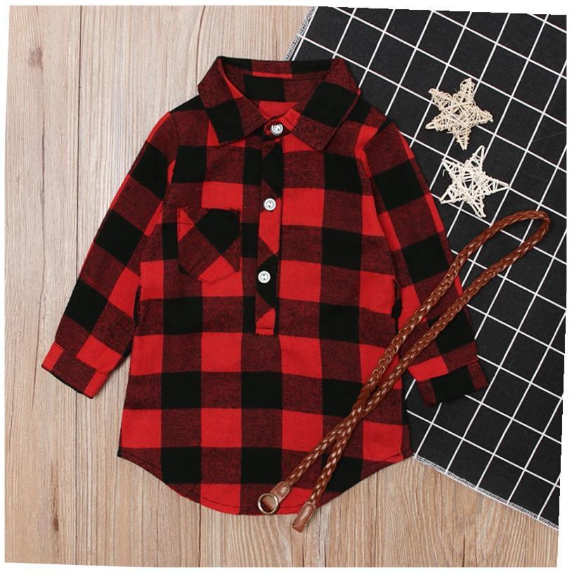 Fashion Girls Long Red Plaid Dress With Belt - Amazitshop