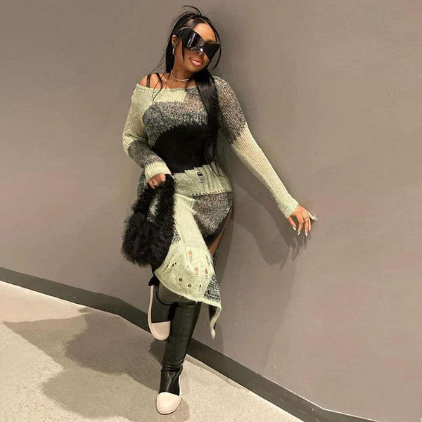 Fashion Irregular Yarn - dyed Hole High Waist Slit Slim Fit Dress Women - Amazitshop