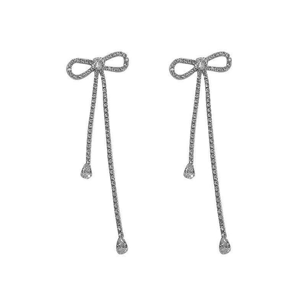 Fashion Jewelry Silver Needle Long Bow Tie Full - jeweled Stud Earrings For Women - Amazitshop