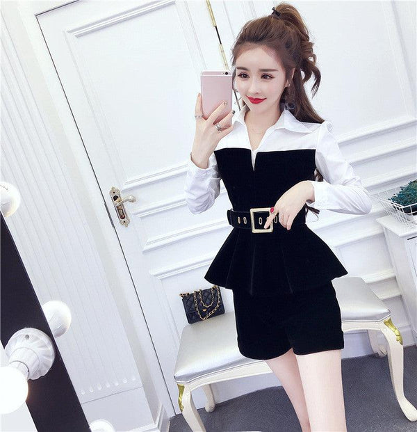 Fashion Ladies Temperament Color Matching Shirt Collar Shirt Thin Shorts Suit Casual - Amazitshop