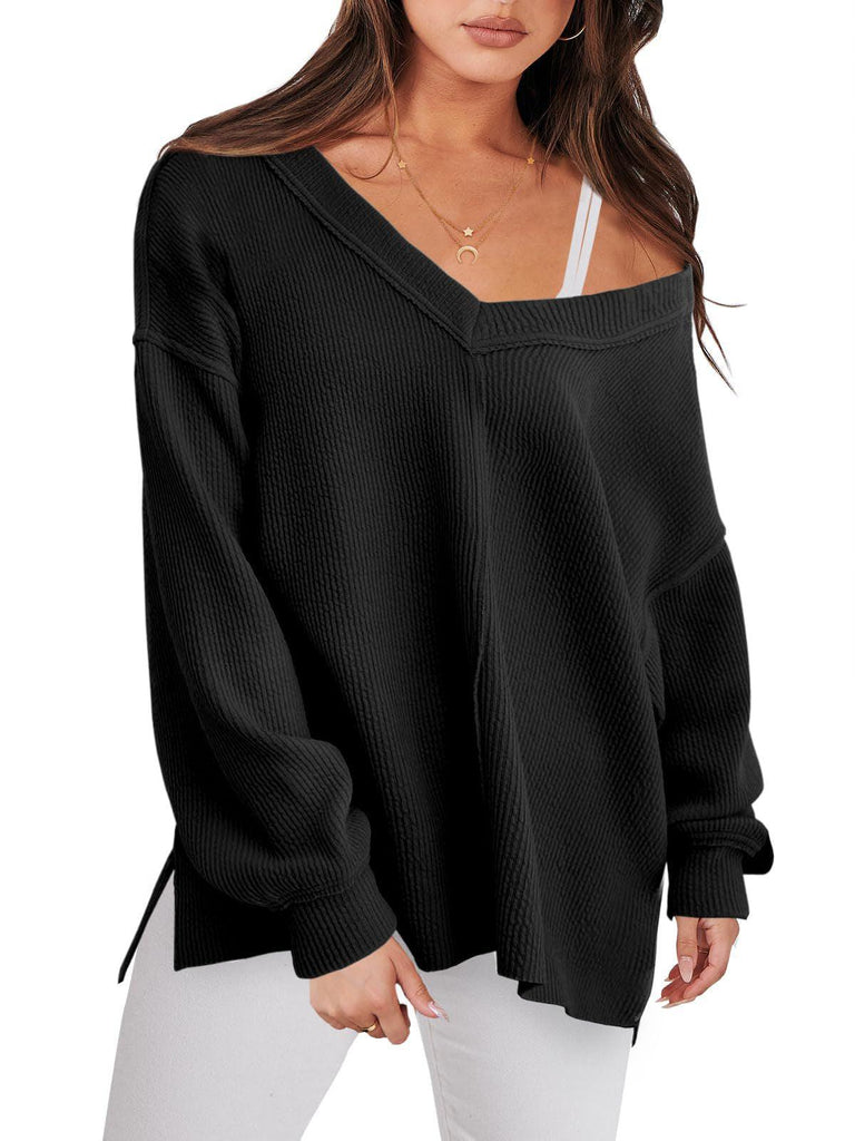 Fashion Lightweight V - neck Sweaters Women Winter Casual Long Sleeve Ribbed Knit Side Slit Pullover Top - Amazitshop