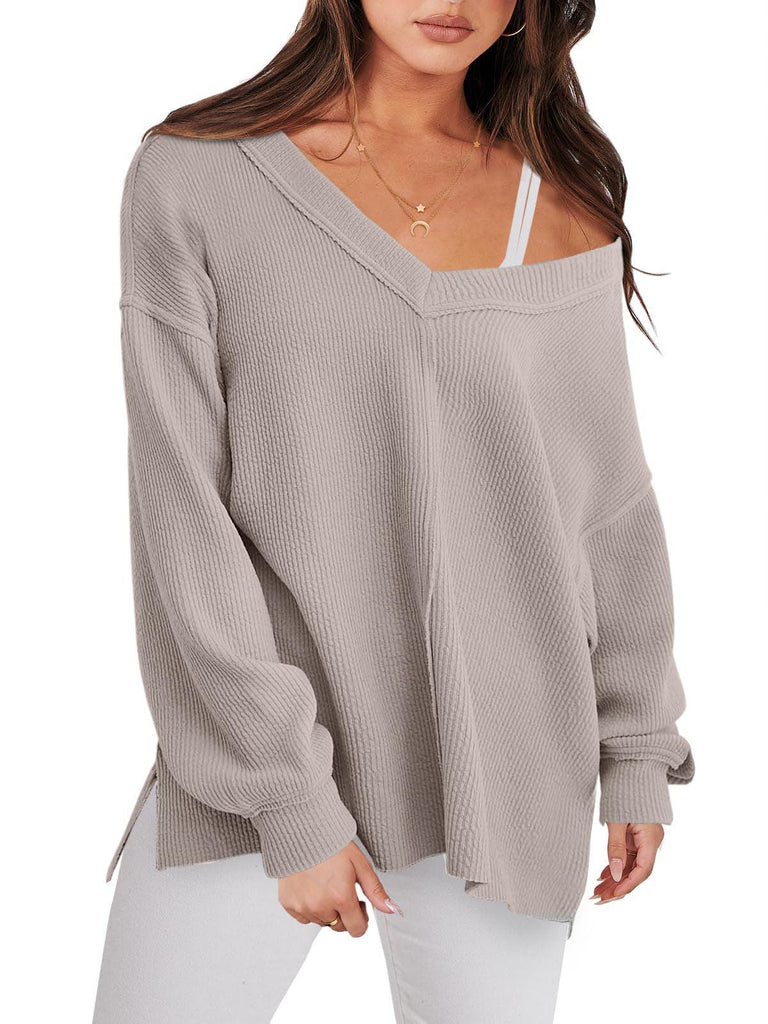 Fashion Lightweight V - neck Sweaters Women Winter Casual Long Sleeve Ribbed Knit Side Slit Pullover Top - Amazitshop