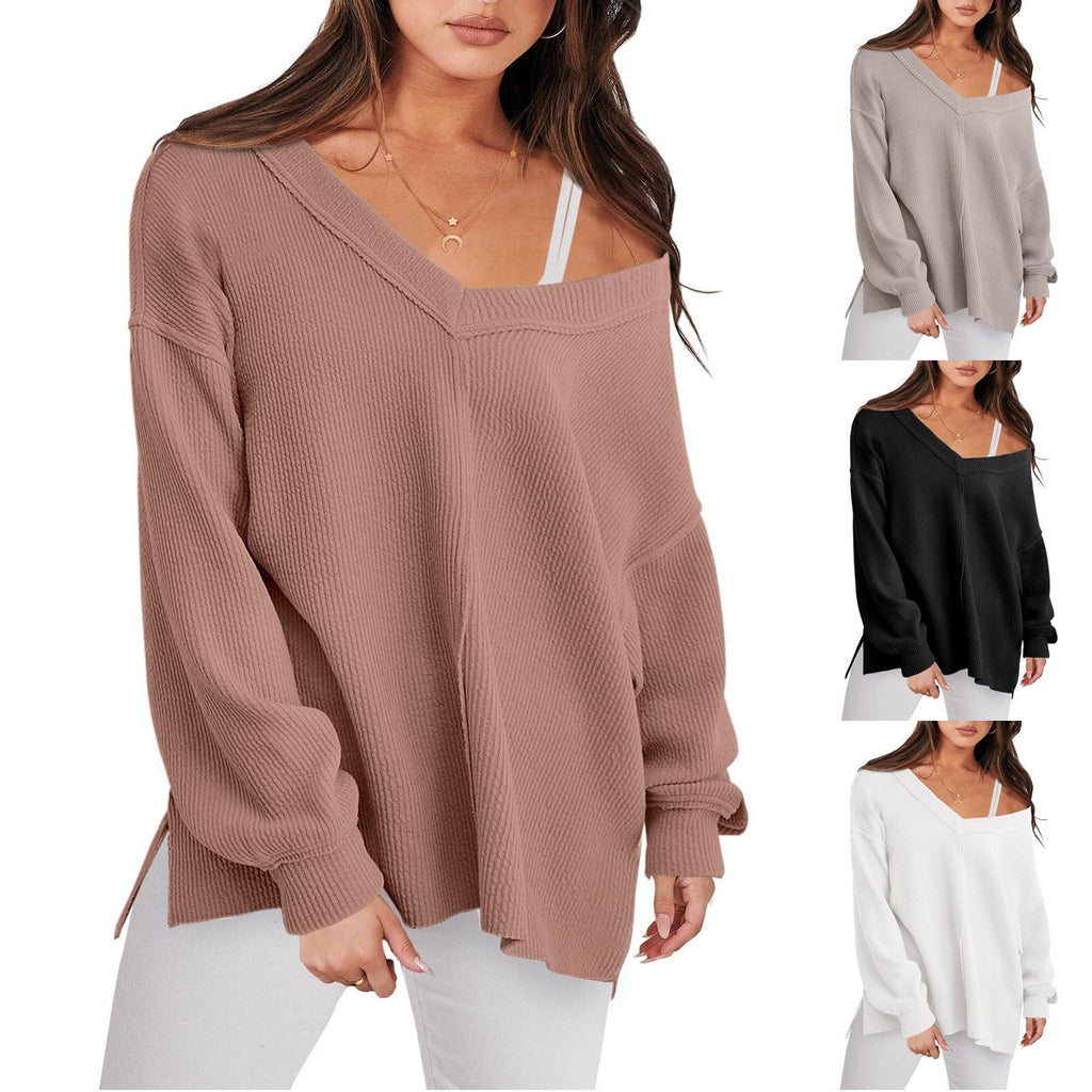 Fashion Lightweight V - neck Sweaters Women Winter Casual Long Sleeve Ribbed Knit Side Slit Pullover Top - Amazitshop