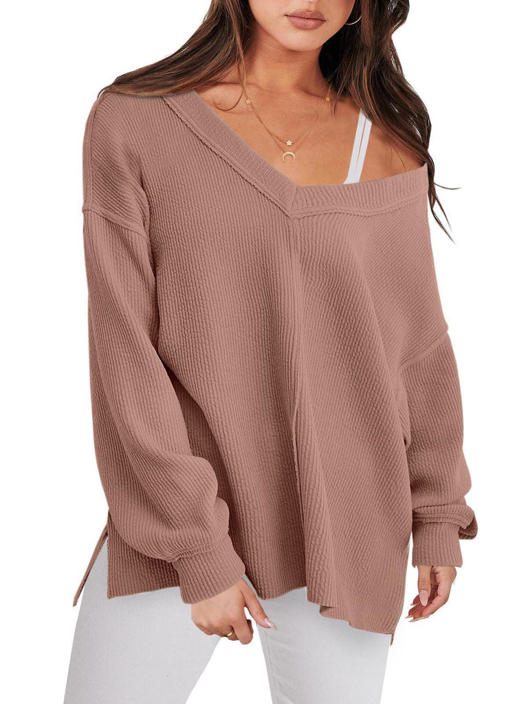 Fashion Lightweight V - neck Sweaters Women Winter Casual Long Sleeve Ribbed Knit Side Slit Pullover Top - Amazitshop