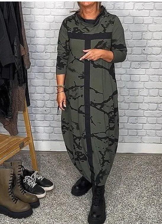 Fashion Multicolor Printing Stand Collar Long Sleeve Dress - Amazitshop