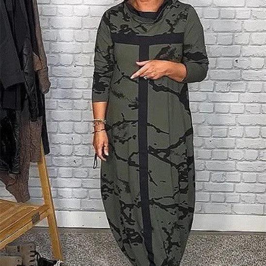 Fashion Multicolor Printing Stand Collar Long Sleeve Dress - Amazitshop