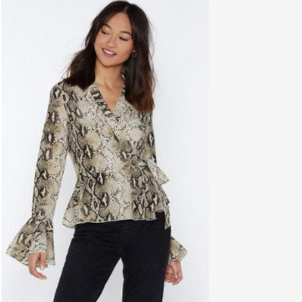 Fashion snakeskin lace - up flared sleeve top - Amazitshop