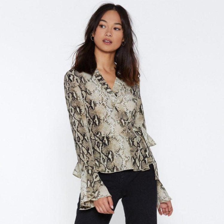 Fashion snakeskin lace - up flared sleeve top - Amazitshop