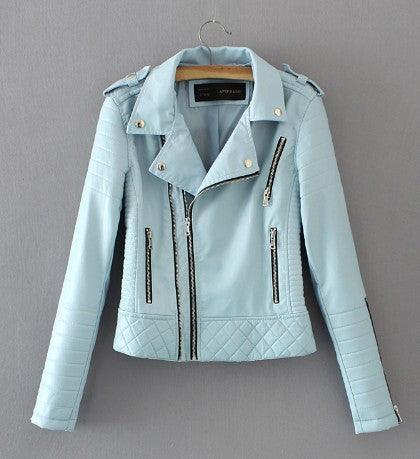 Fashion Women Spring Autumn Soft Faux Leather Jackets Lady Motorcyle Zippers Biker Blue Coats Black Outerwear Hot Sale - Amazitshop
