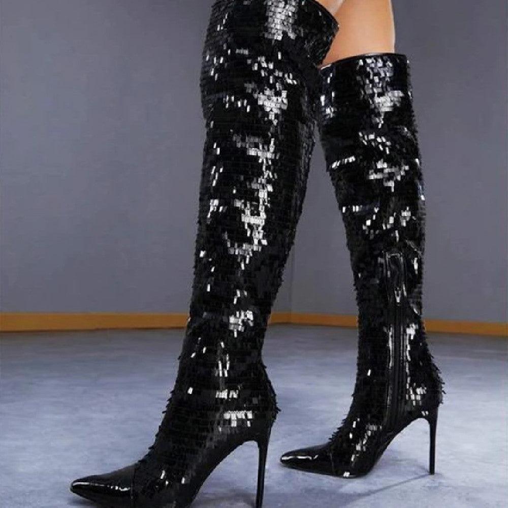 Fashionable Sequins Over - the - knee Boots Women - Amazitshop