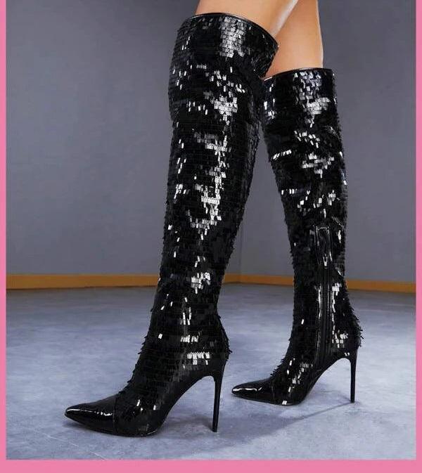 Fashionable Sequins Over - the - knee Boots Women - Amazitshop
