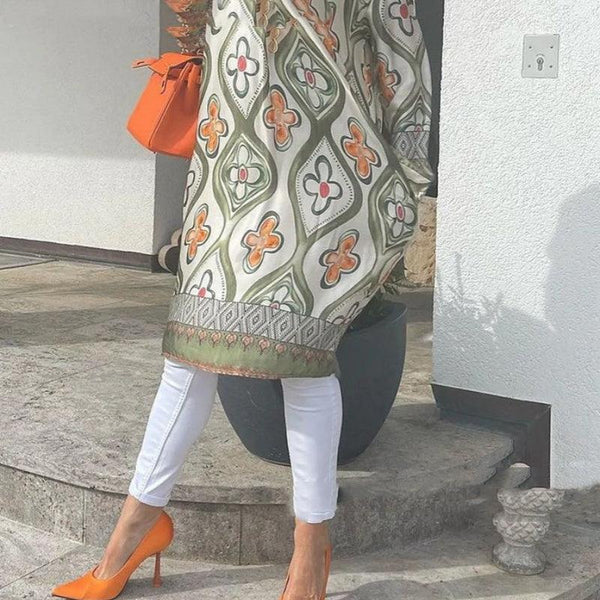 Fashionable V - neck Printed Loose Dress Long Dress - Amazitshop