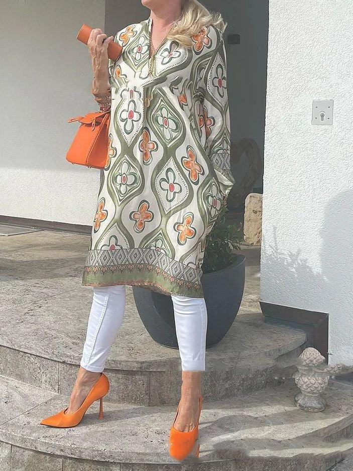 Fashionable V - neck Printed Loose Dress Long Dress - Amazitshop