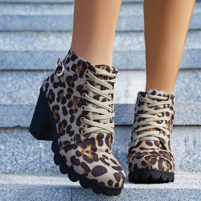 Fashoin Leopard Print Ankle Boots Winter Square Heel Suede Lace - up Zip Boots Women Casual Versatile Shoes Autumn And Winter - Amazitshop