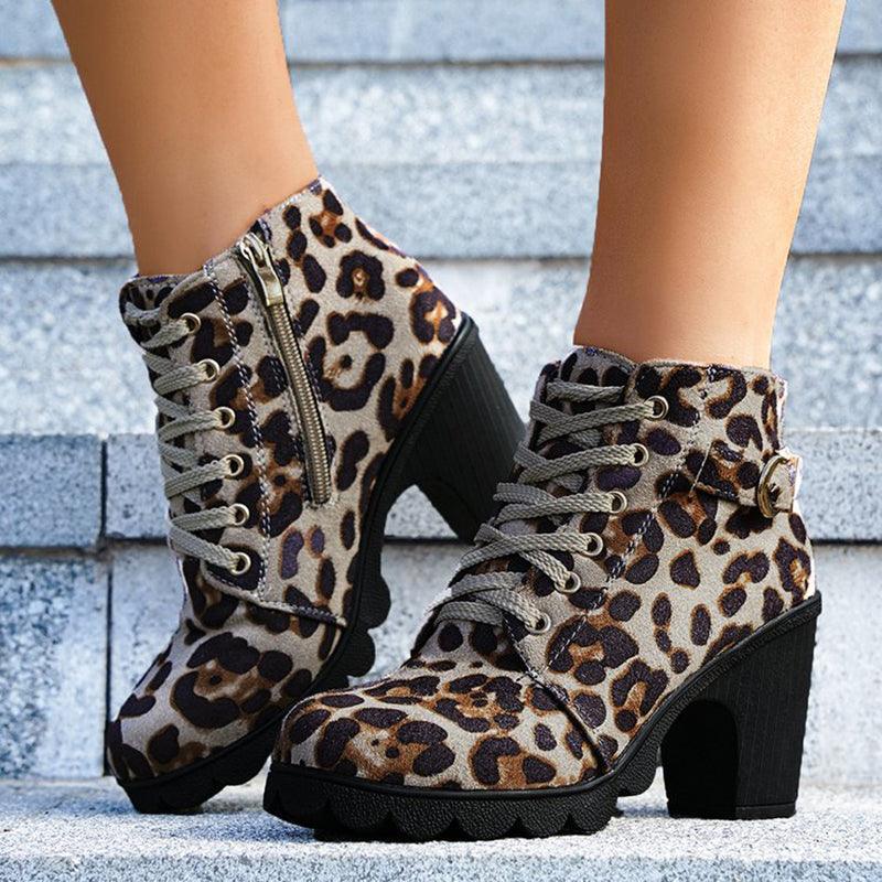 Fashoin Leopard Print Ankle Boots Winter Square Heel Suede Lace - up Zip Boots Women Casual Versatile Shoes Autumn And Winter - Amazitshop